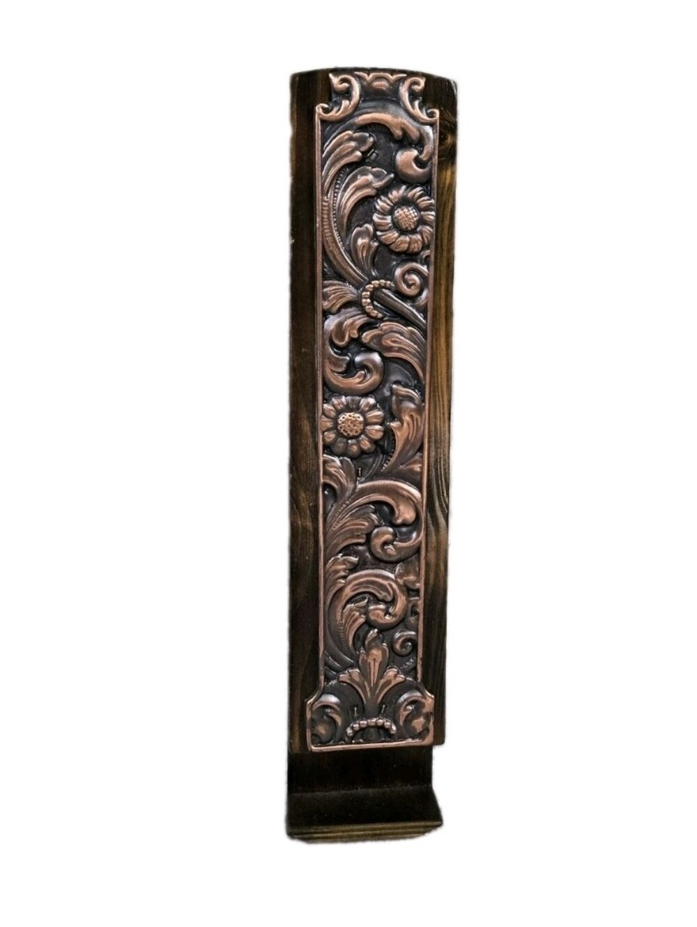 Vintage Norwegian Rosemaling Long Matchbox Holder Copper Floral Design MCM